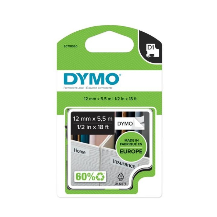 DYMO D1 Permanant, 12mmΧ5,50m Black on White...