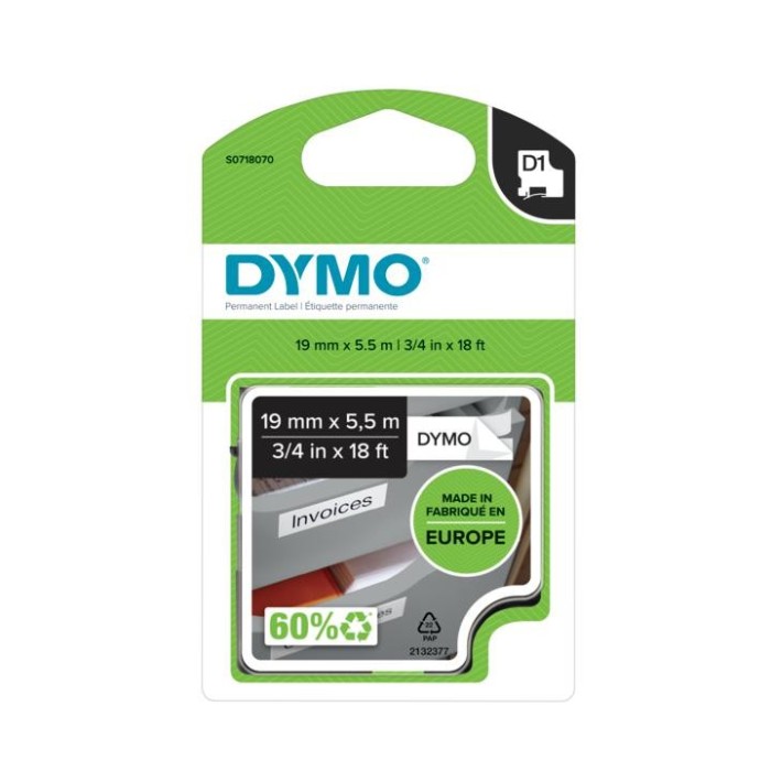 DYMO D1 Permanent, 19mmΧ5,50m Black on White...