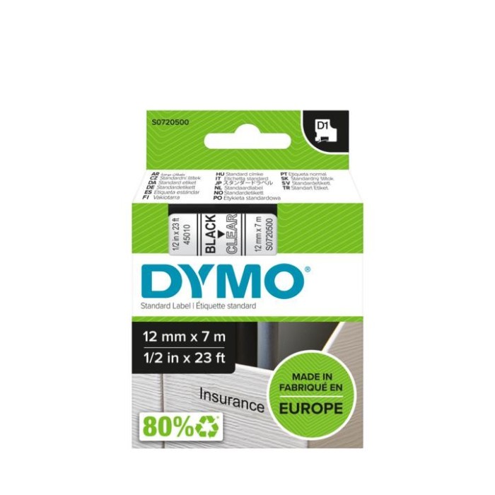 DYMO ταινίες D1 12mmX7m, Black on Clear ΚΩΔ. 45010