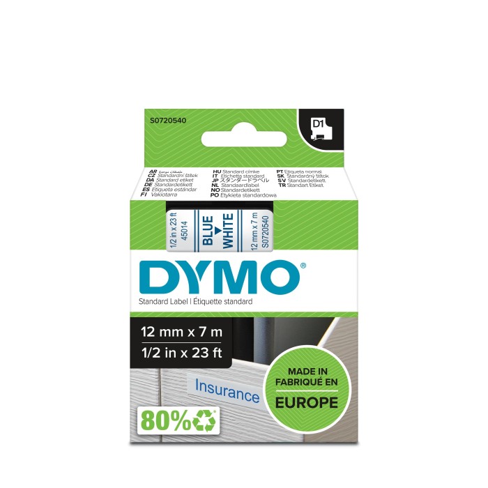 DYMO ταινίες D1, 12mmX7m, Blue on White ΚΩΔ. 45014