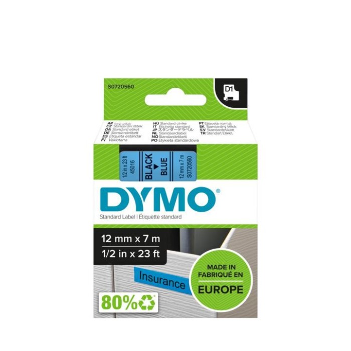 DYMO ταινίες D1, 12mmX7m, Black on Blue ΚΩΔ. 45016