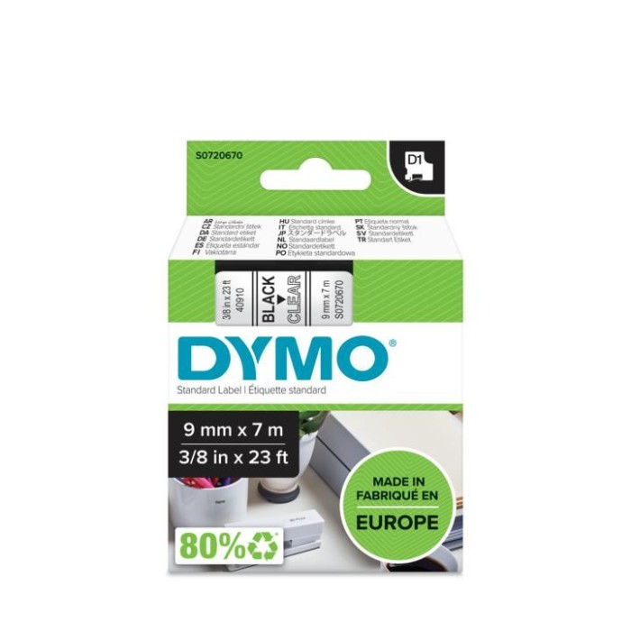 DYMO ταινίες D1, 9mmX7m,  Black on Clear ΚΩΔ....